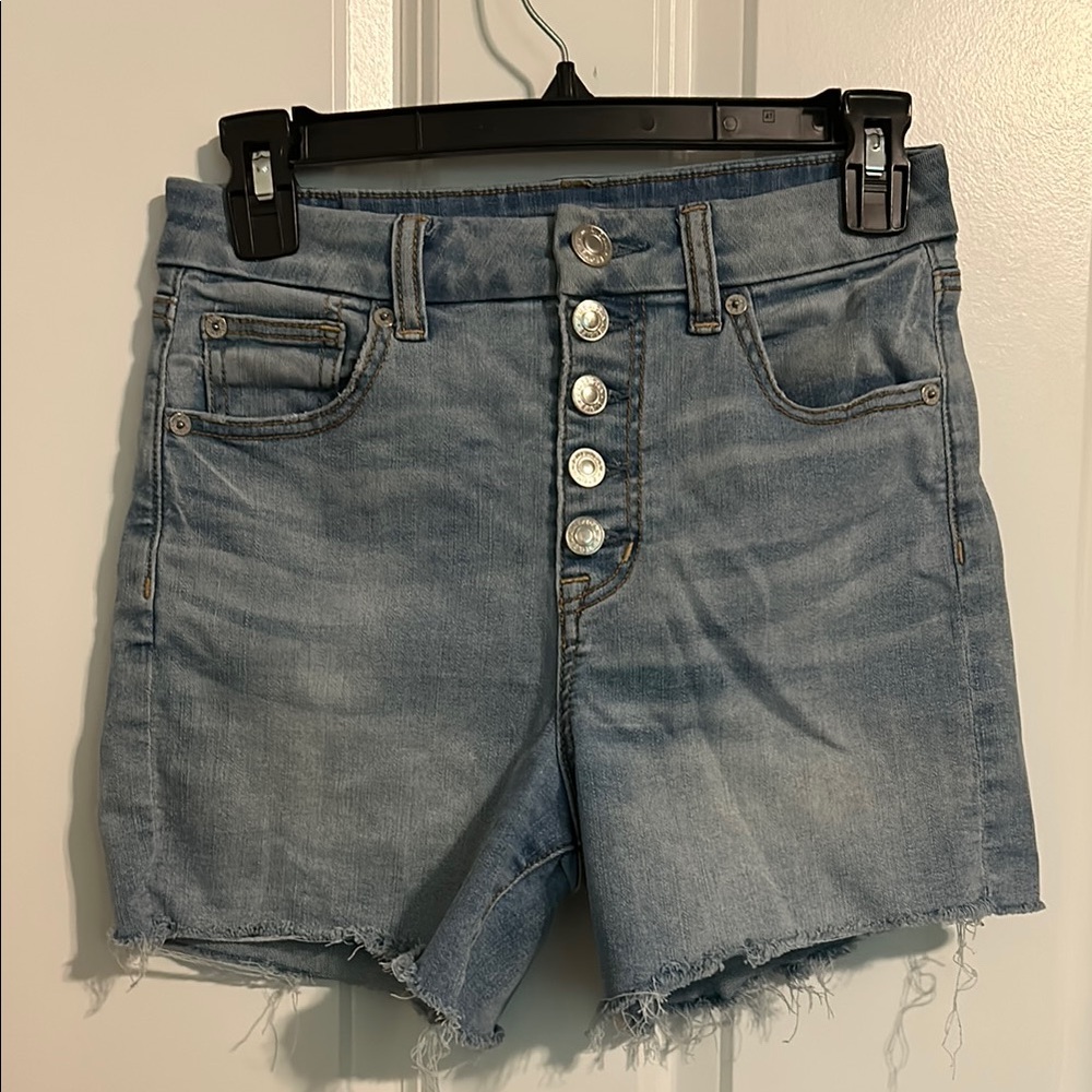 American Eagle Curvy High Rise Shorty Blue Jean Shorts High-Waisted Raw Hem